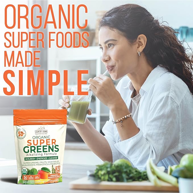 Country Farms Super Greens Pineapple-Mango Flavor, 50 Organic Super Foods, USDA Organic Drink Mix (Wheat Grass, Spirulina, Chlorella) Mushrooms & Probiotics, with Fiber, Natural Energy, 30 Servings