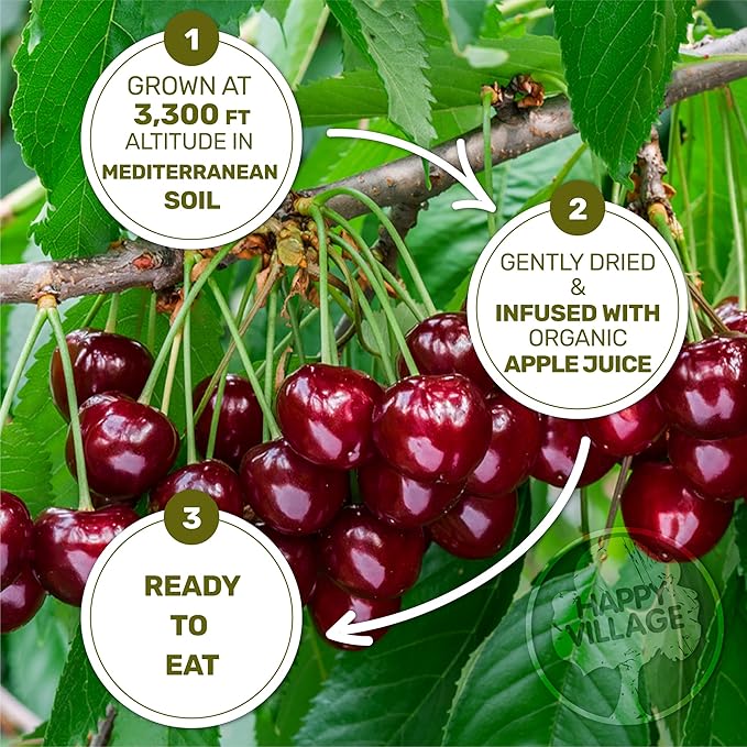 Happy Village Organic Whole Dried Tart Cherries, 10 OZ (2 Packs of 5 OZ) - Soft & Juicy, Kosher, Non-GMO, No Refined Sugar, Apple Juice Infused Dried Tart Cherry