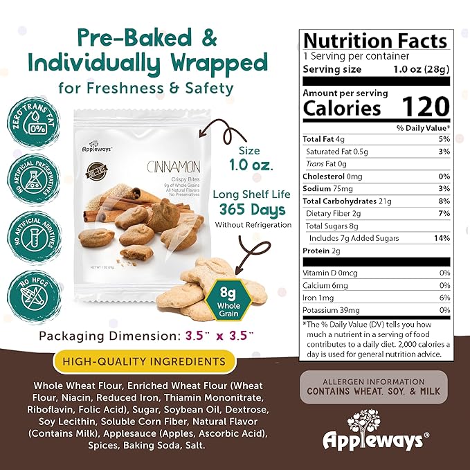 Cinnamon Cookies, 20 Count, 1 oz Each - Crispy Biscuits Cookies, Whole Grain Snacks with Natural Flavors, Shelf-Stable, Healthy Breakfast Snacks for Kids, Daycares & Schools, Made in USA by Appleways