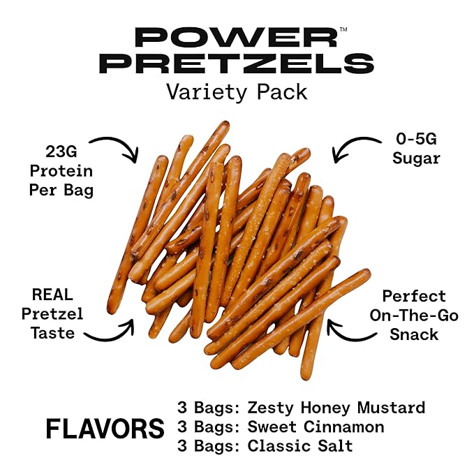 Power Pretzels - Variety Pack, 9 Count, 23g Protein per Bag, Vegan Friendly and Plant-Based, (3) Cinnamon, (3) Honey Mustard, (3) Salt, Perfect for Active Adults, Great for Gym, Work, or On-the-Go