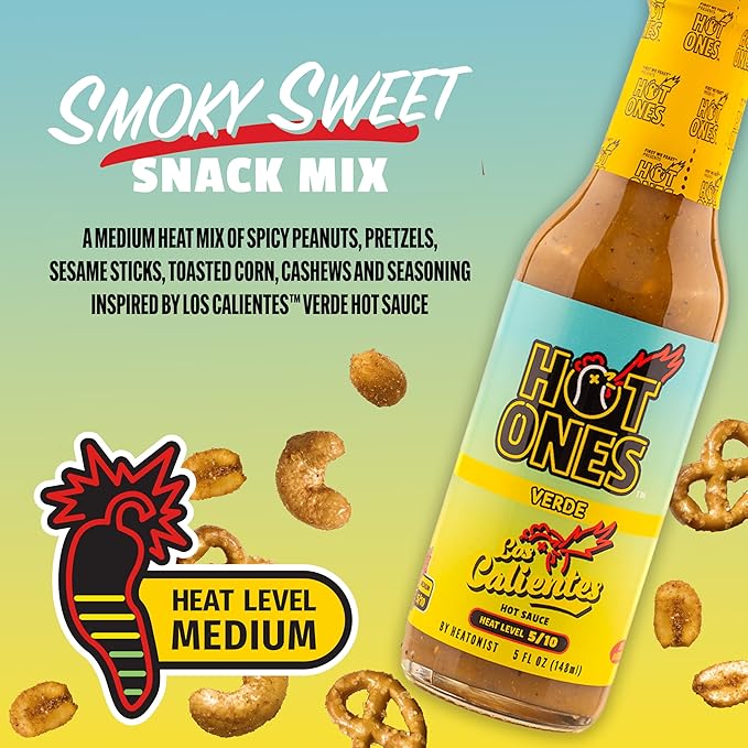 Snak Club x Hot Ones Snack Mix, Hot Habanero, Sweet Smoky, and Tangy Chili, Spicy Snacks with Peanuts, Pretzels, Sesame Sticks, Toasted Corn, Cashews, Vegan Snack, 10 oz Resealable Bags, 3 Pack