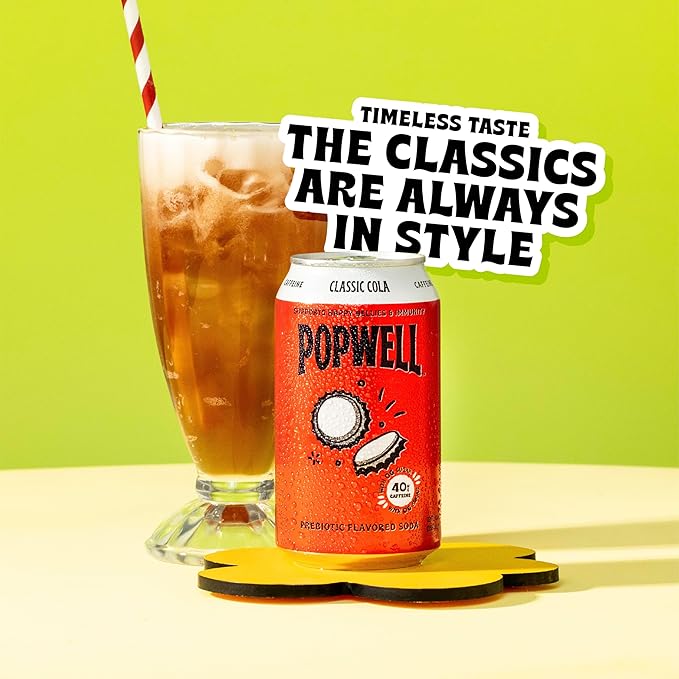 Popwell Classic Cola Caffeinated Better-For-You Prebiotic Soda, with 6g Fiber, 1g Sugar, Vitamins and Immunity Support, 12 fl oz Cans (pack of 12)