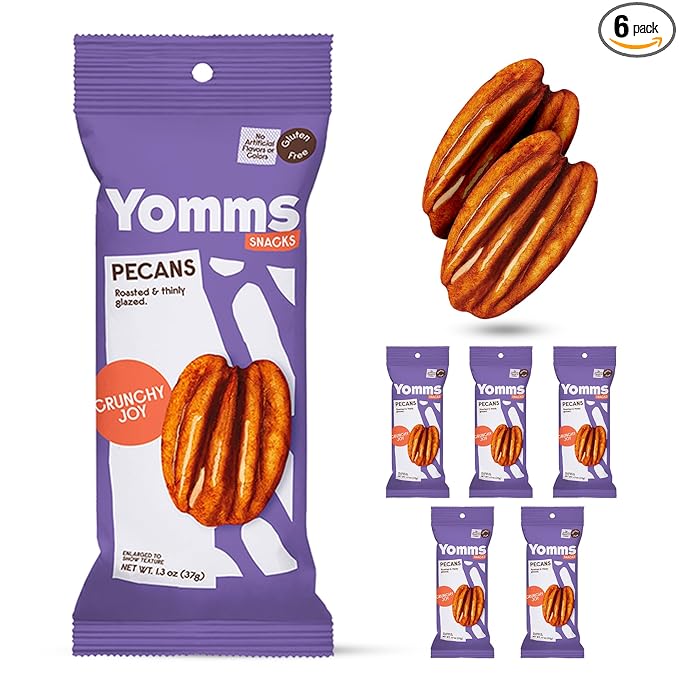 Yomms Crunchy Joy Glazed Whole Pecan Halves, 7.8 oz (6 Pack), Gluten-Free & Non-GMO Healthy Dessert Snacks – Low Sugar Classic Candied Nut Pouches – Gourmet Roasted Snacking Pecans – 1.3oz Individual Bags