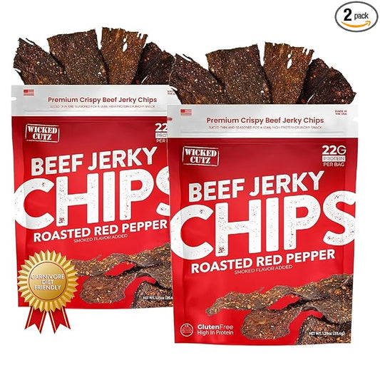 Wicked Cutz Roasted Red Pepper Beef Jerky Chips, 22g Protein per Bag, Crispy & Crunchy Beef Jerky Crisps, USA Made Pepper Flavored Chips, High Carnivore Snacks (2 Bags)