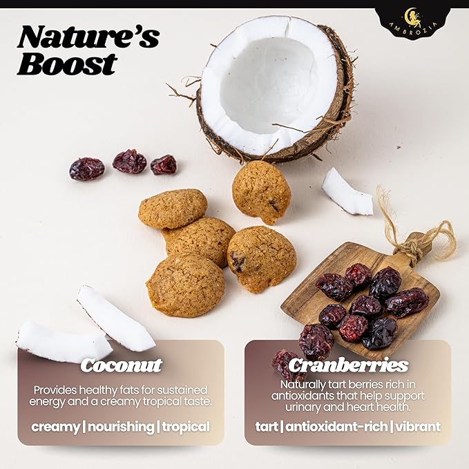 Ambrozia Vegan Snack Biscuits – Coconut & Cranberry - Soft Baked, No Added Sugar, Clean Label, High Fiber & Wholesome Ingredients, Kid-Friendly, Healthy Snacks for Active Lifestyles, 4 x 4.58 Oz