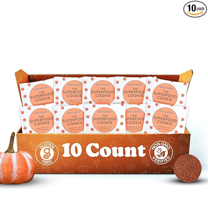 Love + Chew Superfood Soft Baked Vegan Cookies, Gluten Free, 7g Plant Based Protein Cookie, Healthy Snacks for Adults or Kids, Refined Sugar Free, Individually Wrapped, Pumpkin Chocolate Chip, 10 Pack