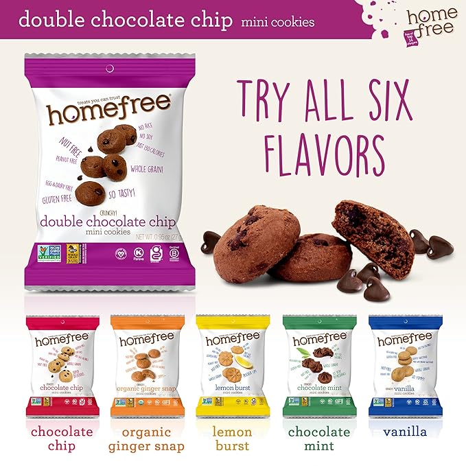 Homefree Treats You Can Trust Gluten Free Mini Cookies, Single Serve, Double Chocolate Chip, 0.95 Ounce (Pack of 64)
