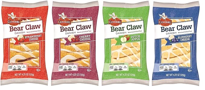 Cloverhill Danish Fruit Pastry Variety Pack | Strawberry, Cherry, Blueberry and Apple Bear Claws | Pack of 12