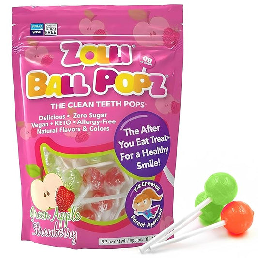 Zolli Ball Popz Clean Teeth Sugar Free Candy - Dye-Free, Keto & Diabetic-Friendly, Dentist-Approved Treats for Kids (Green Apple & Strawberry, 5.2 oz)