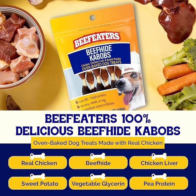Beefeaters Beefhide 12oz Triple Flavor Kabobs Dog Treats with Real Chicken, Liver & Sweet Potato – Long-Lasting Dog Kabob Treats for Chewing, Dental Support*, Flavor-Packed Treats - Training Rewards