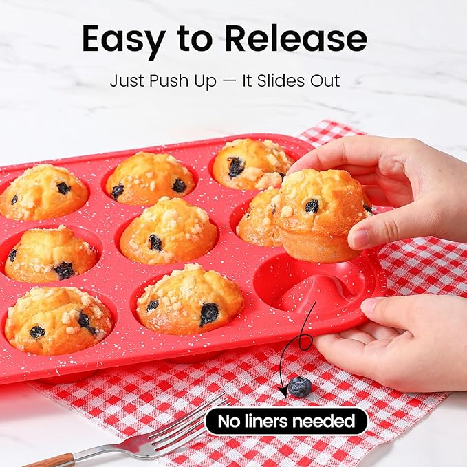 Fimary Silicone Muffin Pans for Baking, with Metal Reinforced Frame, Dishwasher Safe BPA Free Nonstick Silicone Cupcake Pan 12 Cups for Baking Homemade Muffins, Cupcakes - 2 Pack