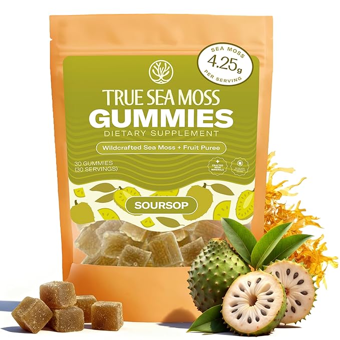 True Sea Moss Gummies – High Potency 4250mg Wildcrafted Irish Sea Moss Gel Extract per Serving + Soursop Flavor – Made with Coconut Sugar & Fruit Purée – 30 Gummies (30 Servings)