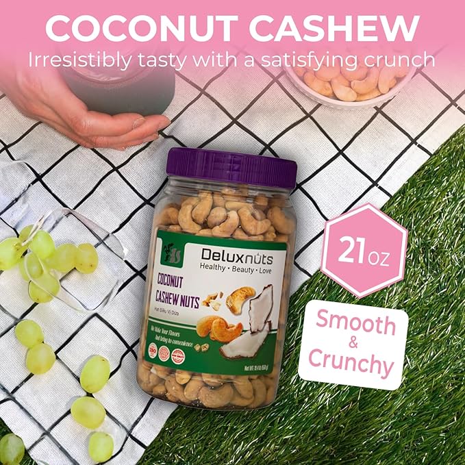 DELUXNUTS Premium Roasted Coconut Cashew Crunch 21oz | Toasted Coconut Cashews Gift, Whole Cashew Nuts Snack Mix, Healthy Gourmet Snack for Adults, High Protein, Gluten-Free, Premium Holiday Gift Idea