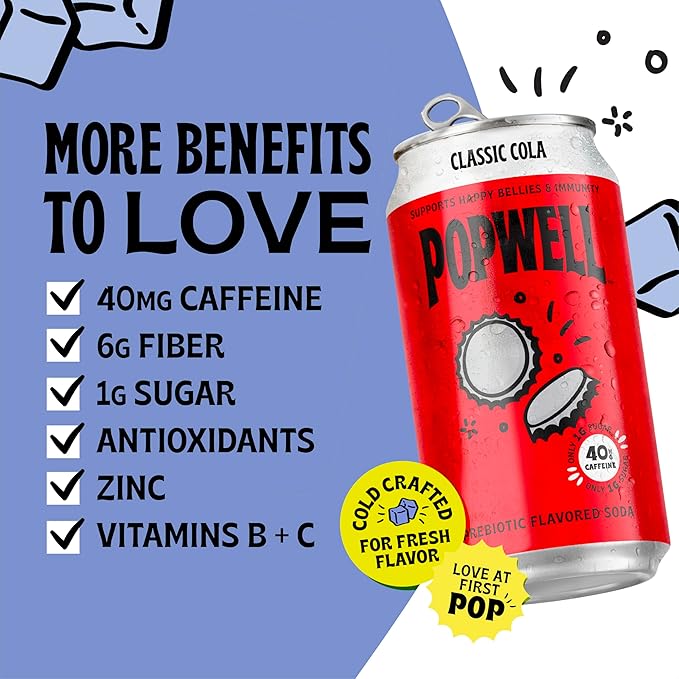 Popwell Classic Cola Caffeinated Better-For-You Prebiotic Soda, with 6g Fiber, 1g Sugar, Vitamins and Immunity Support, 12 fl oz Cans (pack of 12)