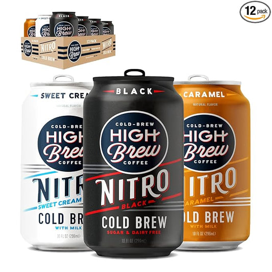 High Brew Coffee | Nitro Cold Brew Variety Pack | Sugar-Free, Dairy-Free, 200mg Natural Caffeine | Smooth Low-Acid Coffee Infused with Nitrogen, Ready-to-Drink | Caramel, Black & Sweet Cream Flavors | 10 oz Cans (Pack of 12)