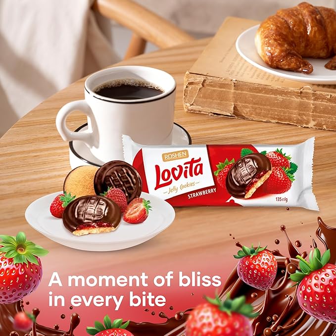Roshen Lovita Cookies with Strawberry Jelly Filling, 4.76 oz, Golden Biscuit with Strawberry Jelly & Smooth Chocolate Glaze, European Gourmet Cookies, Pack of 2
