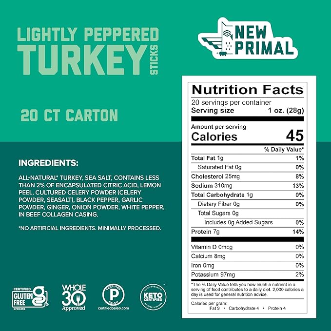 New Primal Lightly Peppered Turkey Sticks, Keto, Gluten Free Healthy Snacks, Sugar Free Low Carb High Protein, Jerky Meat Stick, 7g Protein, 80 Ct