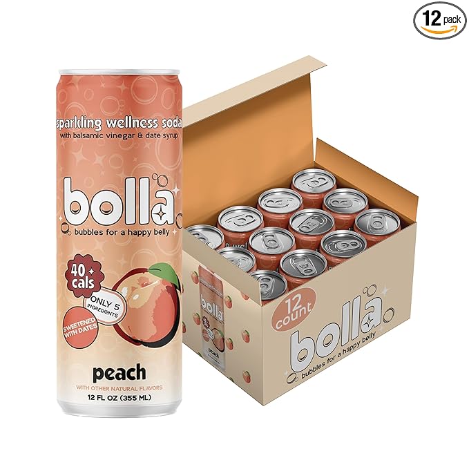 Peach Sparkling Wellness Soda - Naturally sweetened with dates - Crafted with balsamic vinegar - 5 simple ingredients - Low calorie - Antioxidant-rich - No added sugar 12 pack