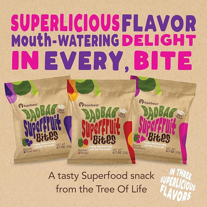 Baobest Superfruit Bites - Baobab Fruit Snack Variety Pack - Berry, Mango, and Raspberry - Vegan, Gluten Free, High in Vitamin C, Preservative-Free, Superfood Snack from the Tree of Life - 30 Servings