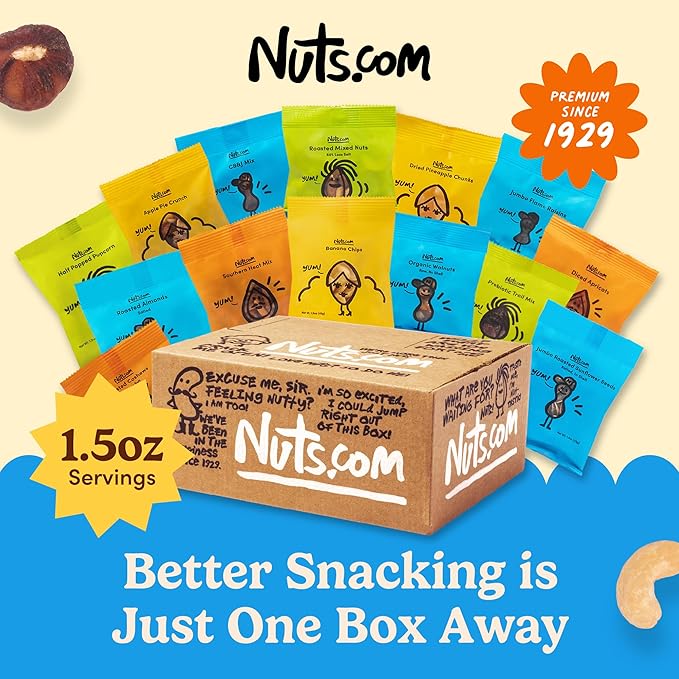 Nuts.com - Nuts and Dried Fruits Snack Box – Gourmet Mix Assortment for Winter, Valentine's Day and Festive Gifts – Package Includes Mixed Nuts, Dried Apricots & Fruits, Trail Mix, Heat Mix and Apple Pie Crunch