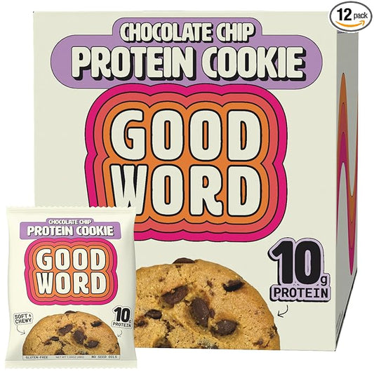 Chocolate Chip Protein Cookie, Soft & Chewy, High Protein Snack, Gluten-Free, Grain-Free, Dairy-Free, No Seed Oils, No Refined Sugars, Made with Almond Butter & Collagen, 12-Pack