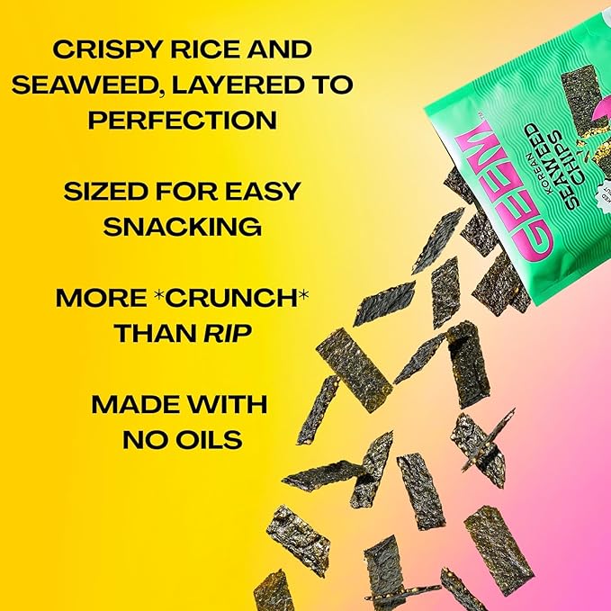 GEEM Seaweed Snacks – Korean Seaweed Chips with Rice Crisps & Sesame | Crunchy, Oil-Free Snack | Vegan, Non-GMO | Great for Kids & Adults | Salty 4-Pack
