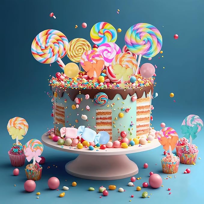Candyland Cupcake Toppers Lollipop Cake Decoration Candy Party Decorations Colorful Candy Bow Cupcake Toppers