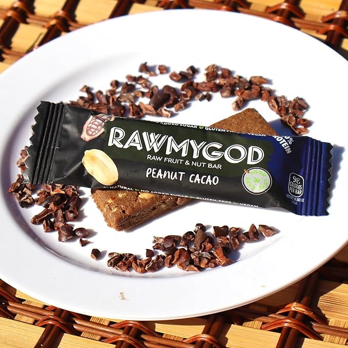 RAWMYGOD Fruit and Nut Bars, Good Source of Protein (5g, 20% protein content), Gluten Free, Vegan, No Added Sugar (20 bars, Peanut & Cacao)