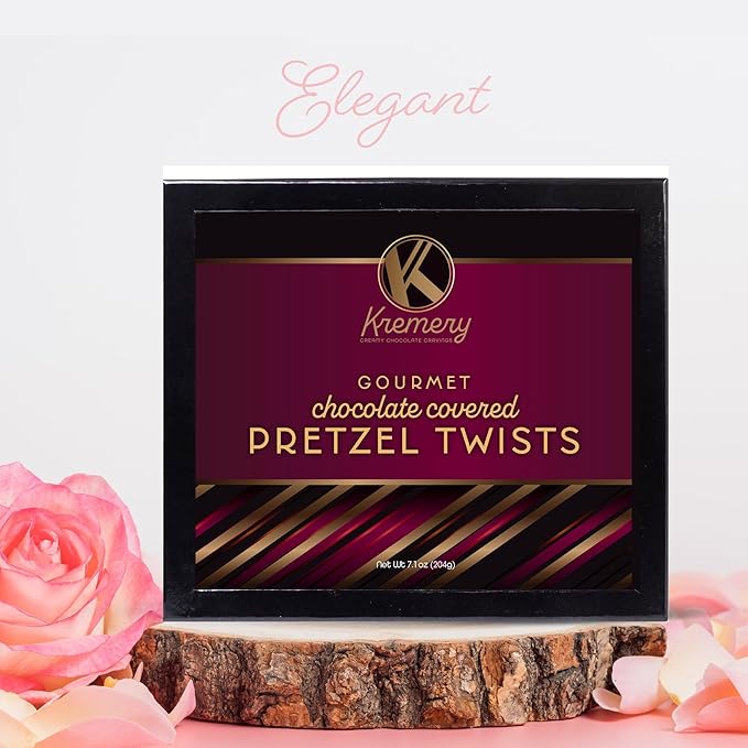KREMERY Creamy Chocolate Cravings - Valentines Day Chocolate Covered Pretzel Twists Gift Basket, in Sectional Gift Box (12 Pretzels, Assorted Sweet Toppings) Sweet Treats Food Arrangement, Kosher
