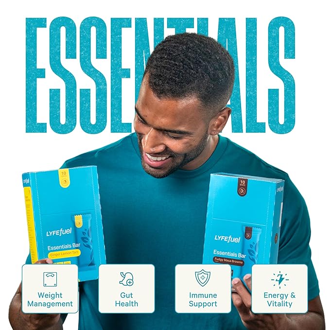 LyfeFuel Essential High Protein Bars | Meal Replacement, Vegan, 12g Plant-Based Low Carb Protein Bars for Intermittent Fasting - High Fiber, MCT Oil, 21 Organic Vitamins & No Sugar | 10 Servings | Lemon Ginger Tart