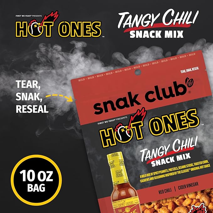 Snak Club x Hot Ones Tangy Chili Snack Mix, Mild Spicy Snacks with Peanuts, Pretzels, Sesame Sticks, Toasted Corn & Cashews, Inspired by Hot Ones Hot Sauce, 10 oz Bag