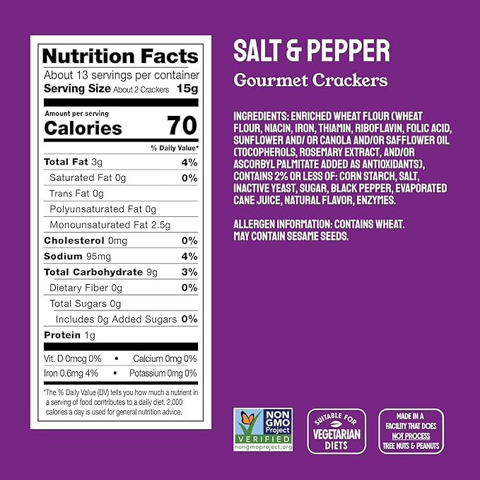 Milton's Gourmet Crackers, Salt & Pepper - Non-GMO Project Verified, Natural Ingredients, Kosher, Great for Charcuterie Boards - 6.8 Oz, Pack of 3