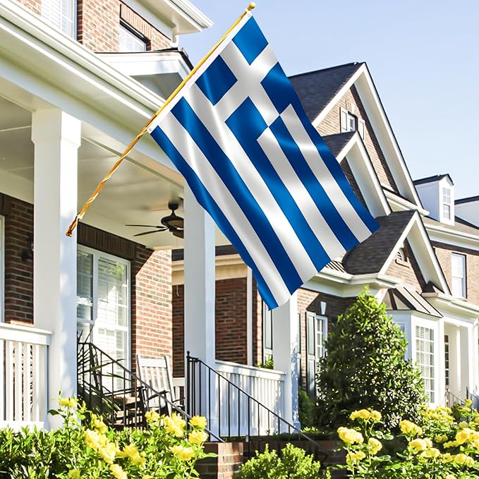 AhfuLife Greece Flag 3x5 Ft, Large Greek National Flags for Outside - Double Side with Brass Eyelets for Greece Party Decorations, Soccer Party Bar Garden Decoration Indoor Outdoor