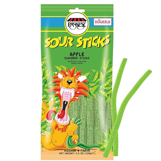 DOUzzle Valentines Day Sweet Treats, Sour Sticks Chewy Candy Straws Green Apple (3.5 OZ - 1 Pack) Goodie Bag Stuffer, Pinata Filler - Kosher Parve