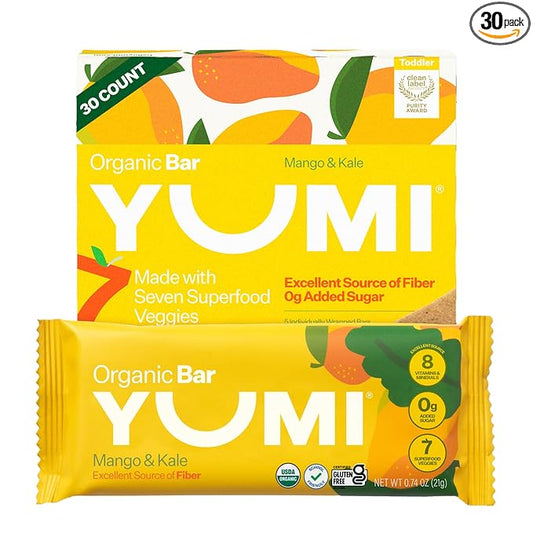 Yumi Organic Toddler Snacks Bars - Gluten-Free, No Added Sugar, 7+ Vegetables, Soft-Baked Crust Yumi Bars, Healthy Toddler Organic Snacks - School Safe and for Lunch Boxes, Mango & Kale (30ct.)