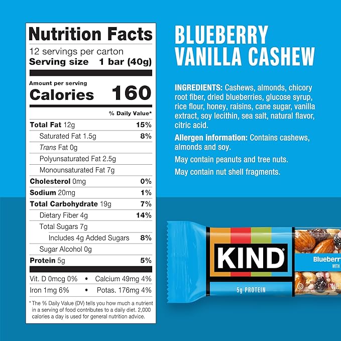 KIND Bars, Blueberry Vanilla Cashew, Healthy Snacks, Gluten Free, 5g Protein, 12 Count