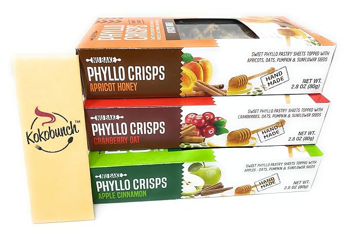 Phyllo Crisps Pastry Dough Sheets Crisp Snack Variety Bundle - Cranberry Oat Crisps Apricot Honey Apple Cinnamon with kokobunch kit by Nu Bake | 3 Pk - 2.8 oz