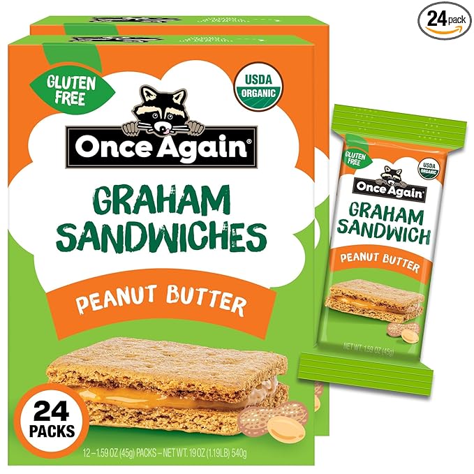 Once Again Peanut Butter Crackers Graham Sandwiches - Gluten Free Graham Crackers with Organic Peanut Butter Filling - Vegan, Organic Snacks for Kids - Lunch Snacks Individually Wrapped, 24 Count