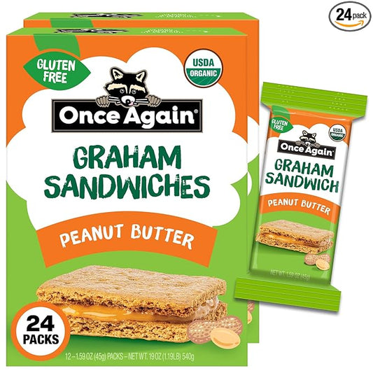 Once Again Peanut Butter Crackers Graham Sandwiches - Gluten Free Graham Crackers with Organic Peanut Butter Filling - Vegan, Organic Snacks for Kids - Lunch Snacks Individually Wrapped, 24 Count