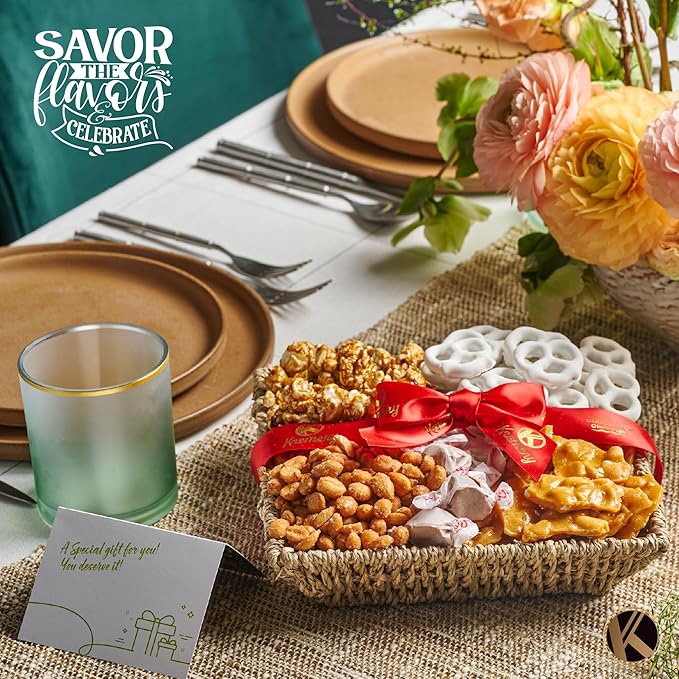 KREMERY Creamy Chocolate Cravings - Valentines Day Chocolate Covered Pretzels & Caramel Popcorn Gift Basket, in Seagrass Tray + Ribbon (Classic, 1.5 lbs) Sweet Treats Food Arrangement, Kosher