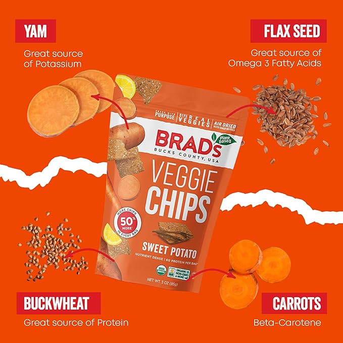 Brad’s Plant-Based - Organic Veggie Sweet Potato Chips - Delicious Healthy Snacks - High Protein & High Fiber Snacks - Low Carb - Organic Veggie On-the-Go Sweet Potato Chips - 3 Oz (Pack of 5)