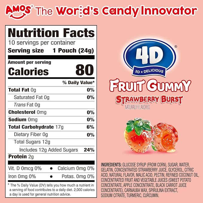 AMOS 4D Gummy Candy Strawberry Burst Candy– Fruity, Jelly-Filled, Natural Flavor – 240g Box (Pack of 10)