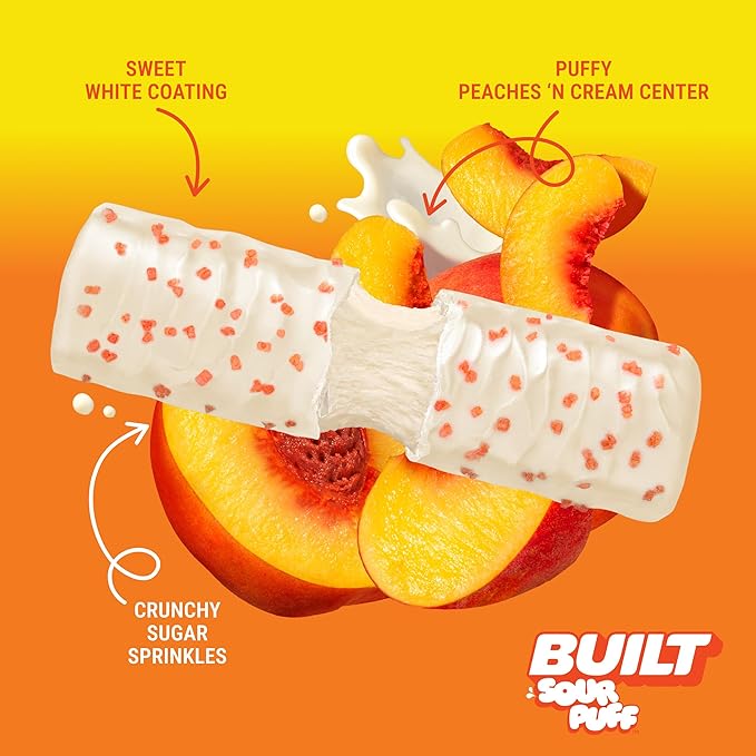 Built Bar, Sour Puff Protein Bars, Sweet Peach Punch, Collagen, On-the-go Snacks, Sour Candy Snack, 12 Pack