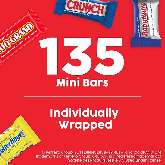 Butterfinger, CRUNCH, Baby Ruth, 100 Grand Minis, Assorted Candy Bars, Great for Sharing, Bulk 135 Count Pack, 55.3 oz