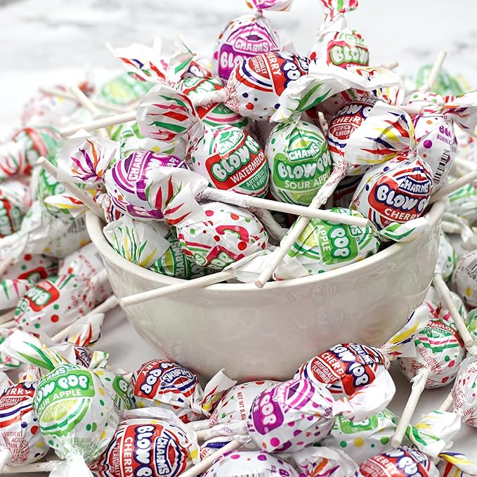 Charms Blow Pops, 5lb Bulk Bag (Approx 115), Assorted Fruit Flavored Bubble Gum Filled Lollipops, Individually Wrapped Bulk Hard Candy, The Hampton Popcorn & Candy Company
