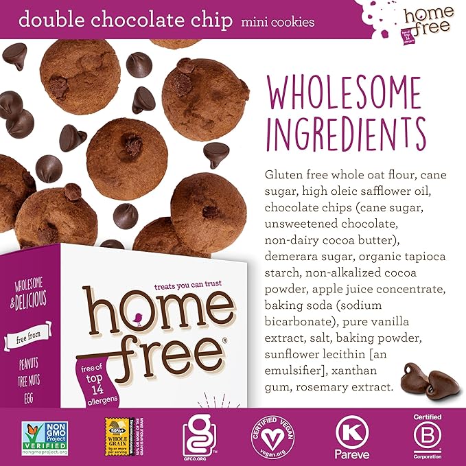 Homefree Mini Double Chocolate Chip Cookie Box, Gluten Free, Nut Free, Vegan, School Safe and Allergy Friendly Snack, 5 oz. Box (Pack of 6)