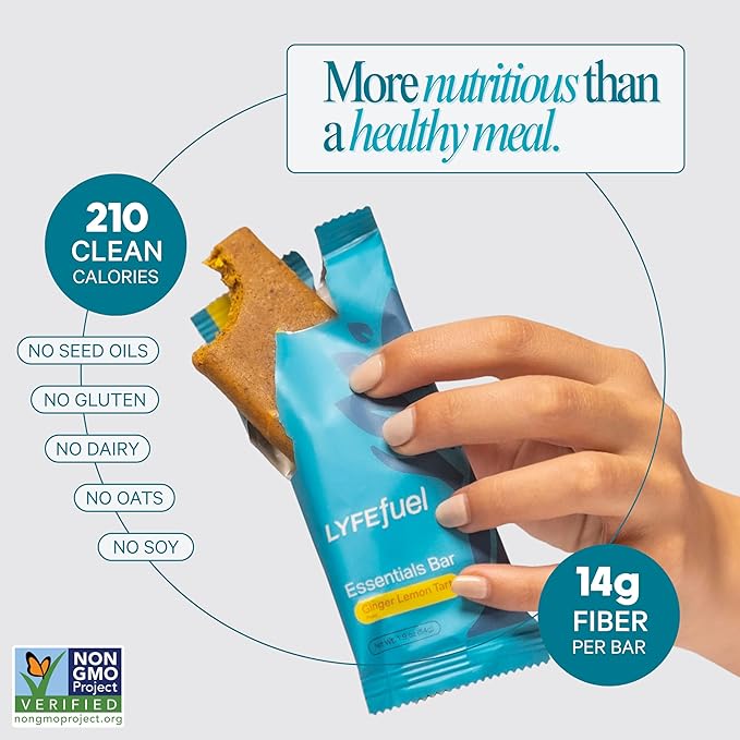 LyfeFuel Essential High Protein Bars | Meal Replacement, Vegan, 12g Plant-Based Low Carb Protein Bars for Intermittent Fasting - High Fiber, MCT Oil, 21 Organic Vitamins & No Sugar | 10 Servings | Lemon Ginger Tart