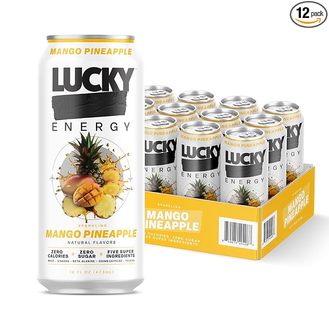 Lucky Energy Sugar Free Energy Drinks, Mango Pineapple, 16oz Cans (12-Pack) Healthy, Zero Sugar Energy Drink with Maca, Ginseng, Beta-Alanine, Taurine & 200mg Caffeine