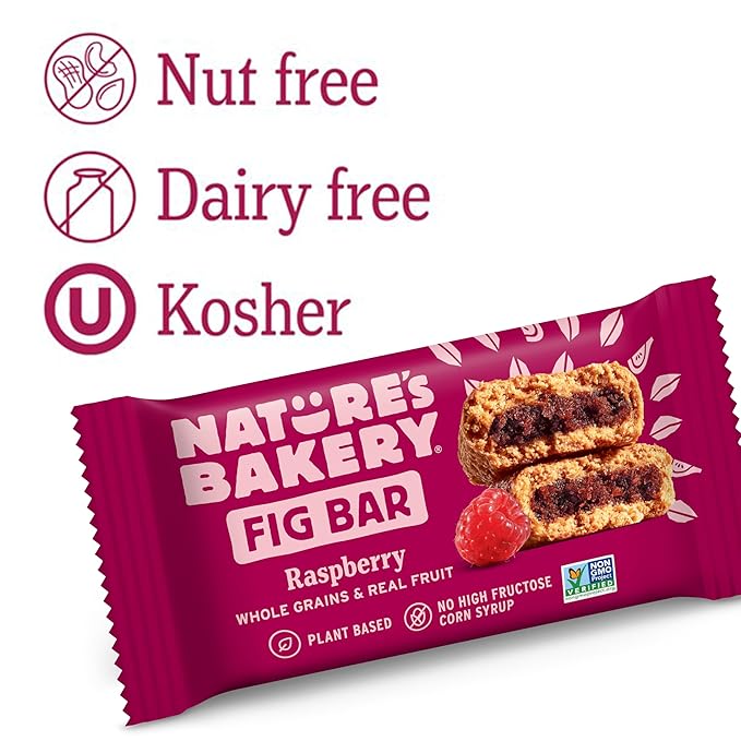 Nature’s Bakery Whole Wheat Fig Bars, Raspberry, Real Fruit, Vegan, Non-GMO, Snack bar, 1 box with 12 twin packs (12 twin packs) (Pack of 2)