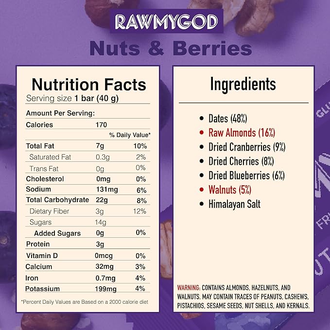RAWMYGOD Fruit and Nut Bars, Gluten Free, Vegan, No Added Sugar (16 bars, Variety Pack I - 4 Raw Cacao, 3 Apple & Cinnamon, 3 Nuts & Berries, 3 Cherry Peanut, 3 Pistachio & Cranberry)